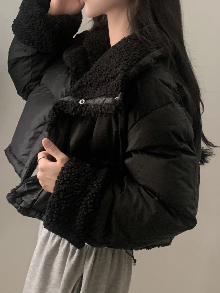 Chaqueta acolchada corta para mujer, Abrigo acolchado de plumón de lana de cordero cálido, Parkas gruesas informales de moda coreana, ropa de doble