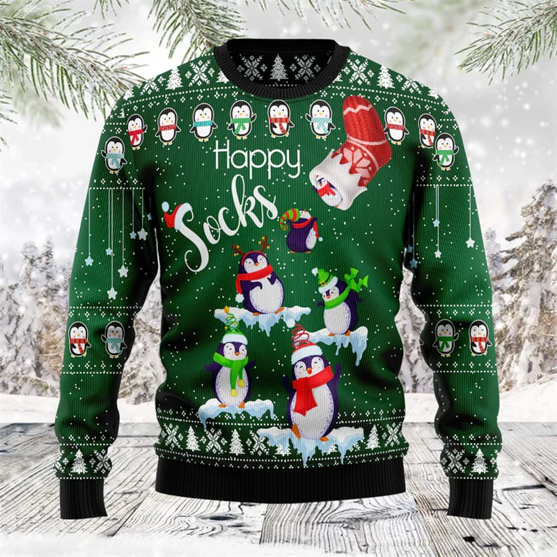 2026 جديد البطريق الجرافيك القبيح عيد الميلاد سترة للرجال موضة طاقم الرقبة ثلاثية الأبعاد مطبوعة عيد الميلاد بلوزات عادية المتضخم البلوفرات