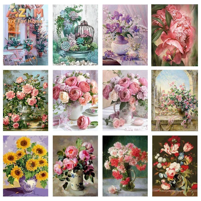 AZNM Vintage Pink Rose Flower Canvas Wall Art, European Cityscape Arch Window Oil Painting Print Poster, Unframed Romantic Flora
