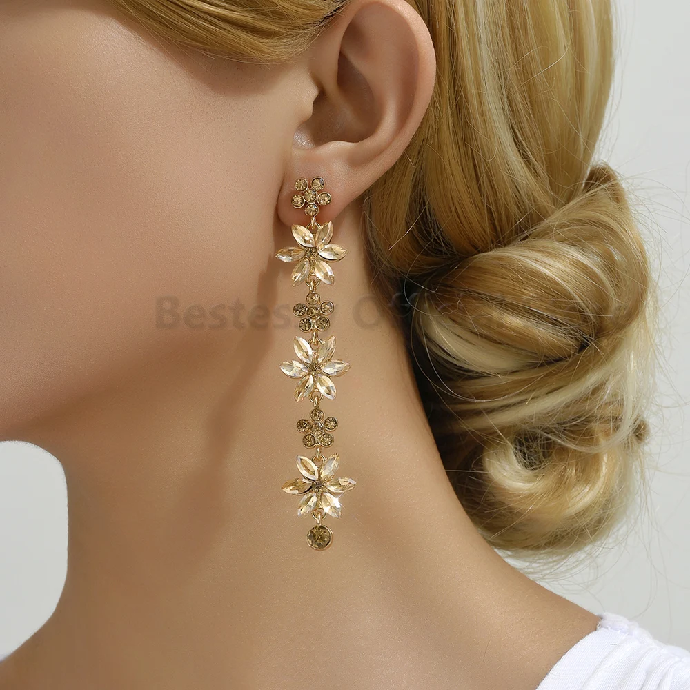 Colorful Crystal Leaf Long Pendant Flower Dangle Earrings For Women Boho Luxury Design Party Prom Clothing Matching Jewelry Gift