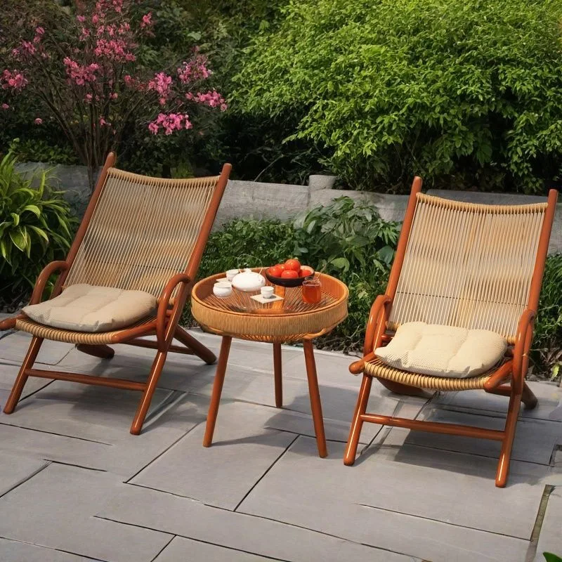 rattan chair reclining chair coffee table three-piece set balcony tea table outdoor courtyard open-air leisure folding one table