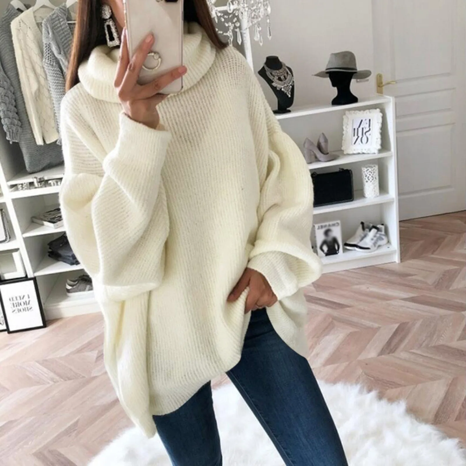 Women Sweater Oversized Turtleneck Pile Collar Autumn Winter Long Sweater Loose Pullover Stretchy Knitwear suéteres свитер