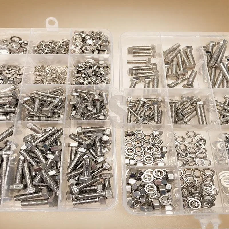 M4/M5 240/480 قطعة مجموعة متنوعة من مسامير الرأس والسداسية المصنوعة من الفولاذ المقاوم للصدأ: خيط كامل، مع غسالات. مكسرات سداسية. مناسبة لـ Va