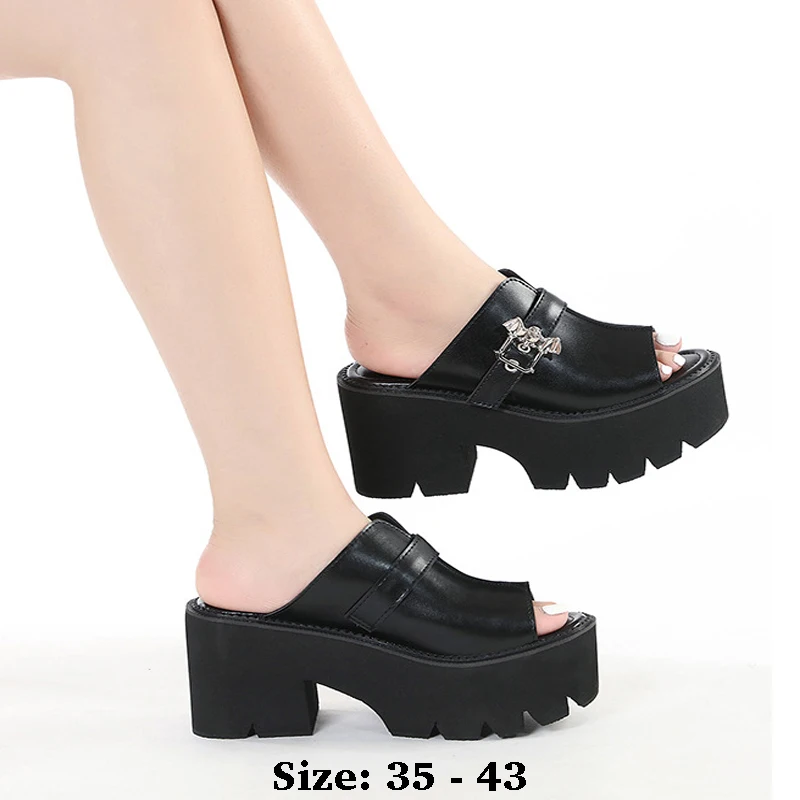 

High quality summer thick soles leather sandals for women 8cm high heel new 2025 35 43 platform open toe fashion shoe black