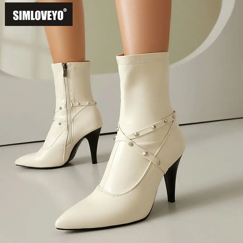 

SIMLOVEYO 2025 Fresh Design Women Mid Calf Boots Sharp Toe Stiletto 8.5cm Zip Rivets Big Size 46 47 48 Dating Footwear