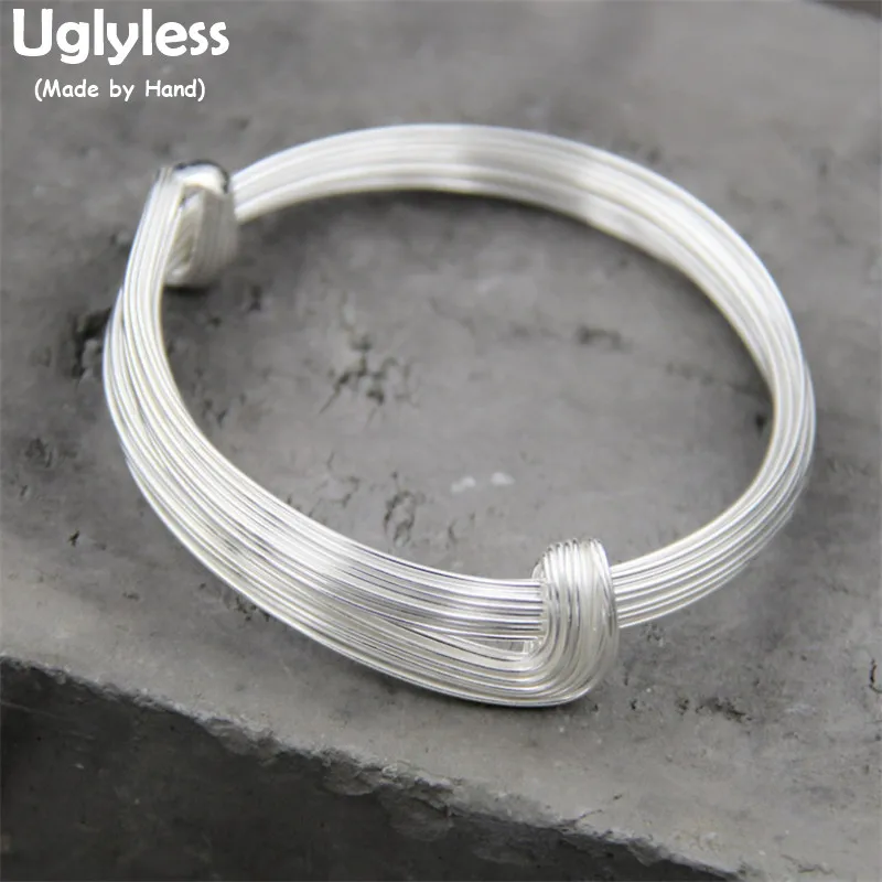 

Uglyless Real S925 Sterling Silver Women Simple Fashion Adjustable Glossy Bangles Handmade Multi-Layer Silver Wires Thick Bangle