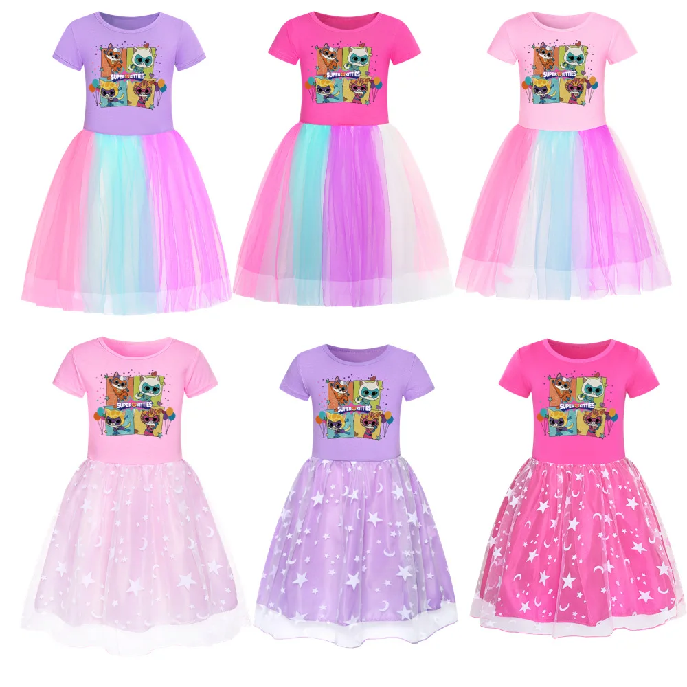 Anime Superkitties Clothes Baby Girl Fancy Rainbow Princess Dress Kids Wedding Party Vestidos Toddler Girl Summer Birthday Gifts