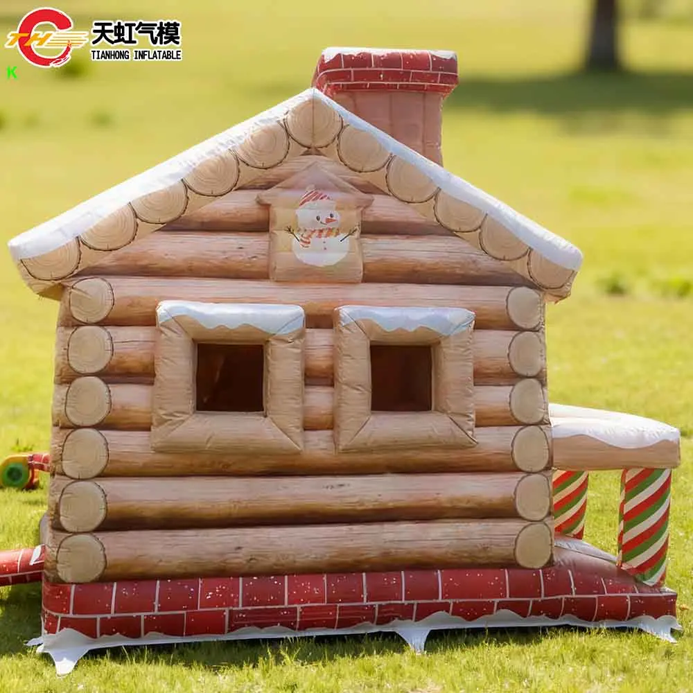 Maison de noël gonflable avec cabine en rondins, 5x4x3.5mH, avec clôture, grotte du père noël avec cour avant, livraison rapide