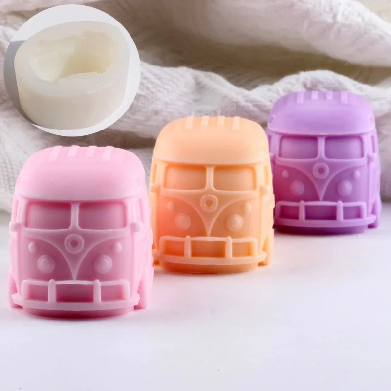 Molde de vela de silicone 3d mini ônibus, faça você mesmo, artesanato de carro, resina, molde de fundição de gesso, sabonete artesanal, ferramenta de cozimento de bolo de chocolate, presente para casa