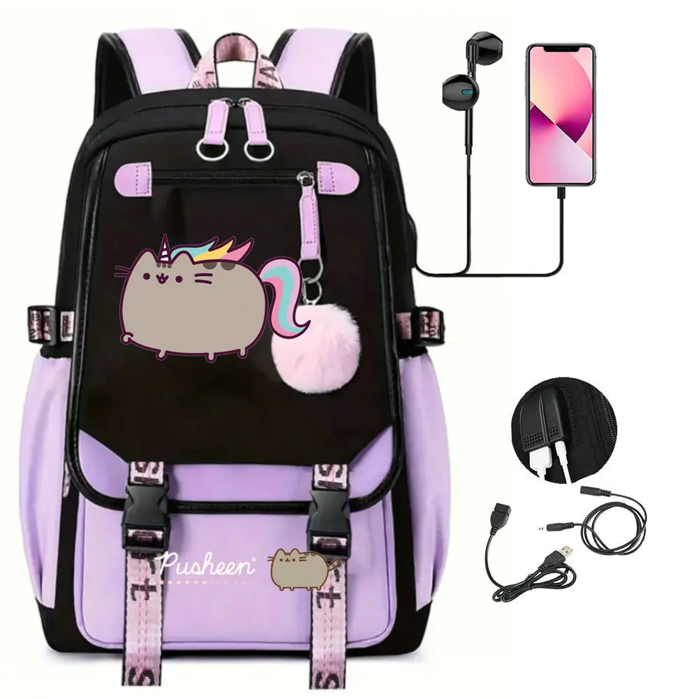 Fat Cat Cartoon Backpacks for School Students Girls Book Bag Simple Laptop Computer USB Backpack Lady Multipocket Travel Bags