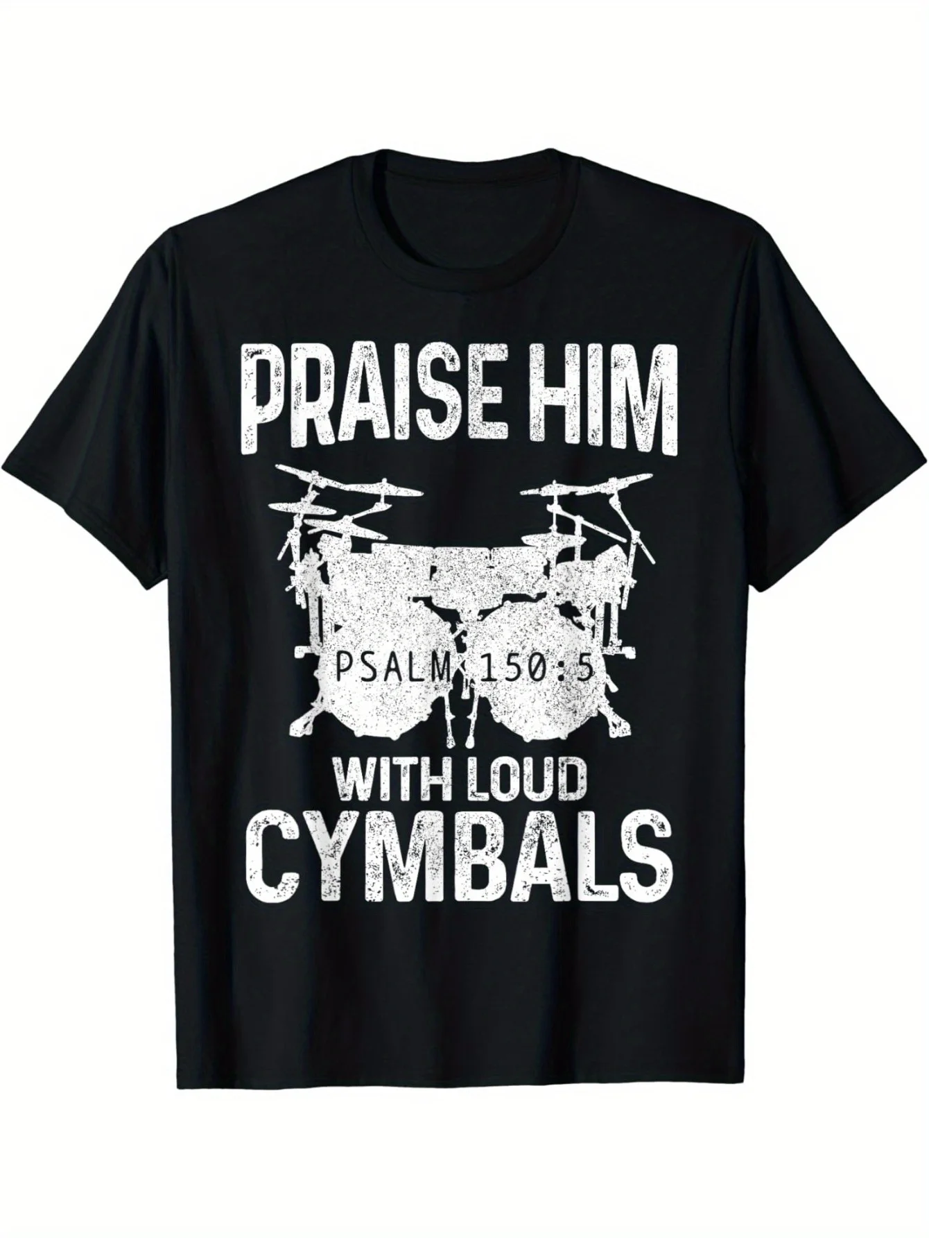 [Faith Focus]Drummer's Joy: 'Praise Him with the Tinkling Tambourine' Psalm 150:6 Pattern T-Shirt- Soft Material, Black Casual M