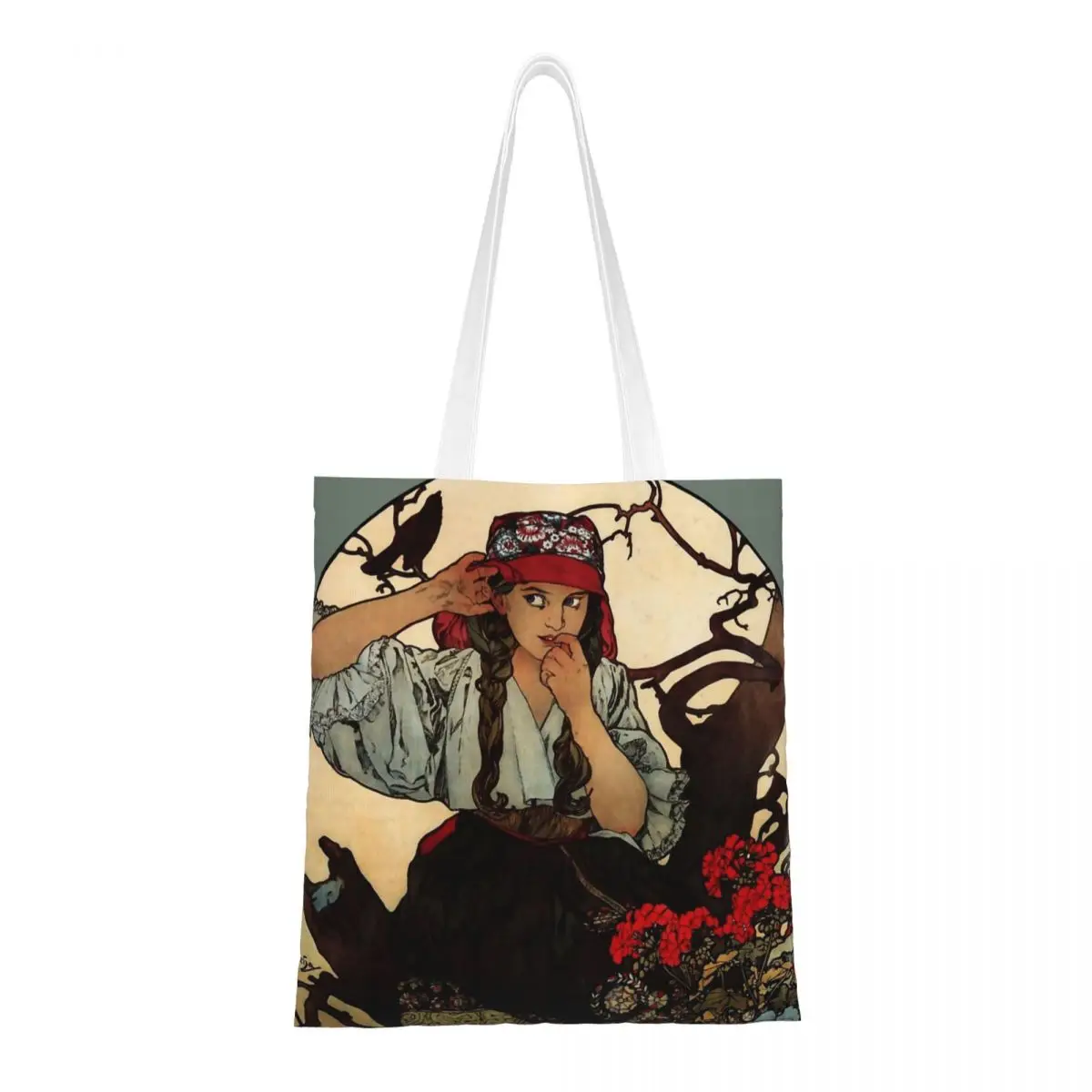 Alphonse Mucha 1860 Of Moravian Teachers Poster Tote Bags Women Handbag Foldable Student Shoulder Bag Printed Bag