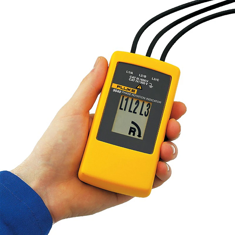 FLUKE 9040 Tester sekwencji faz 3-fazowy wskaźnik obrotu 40-700 V AC z wyraźnym wyświetlaczem LCD do zastosowań przemysłowych Wyświetlacz