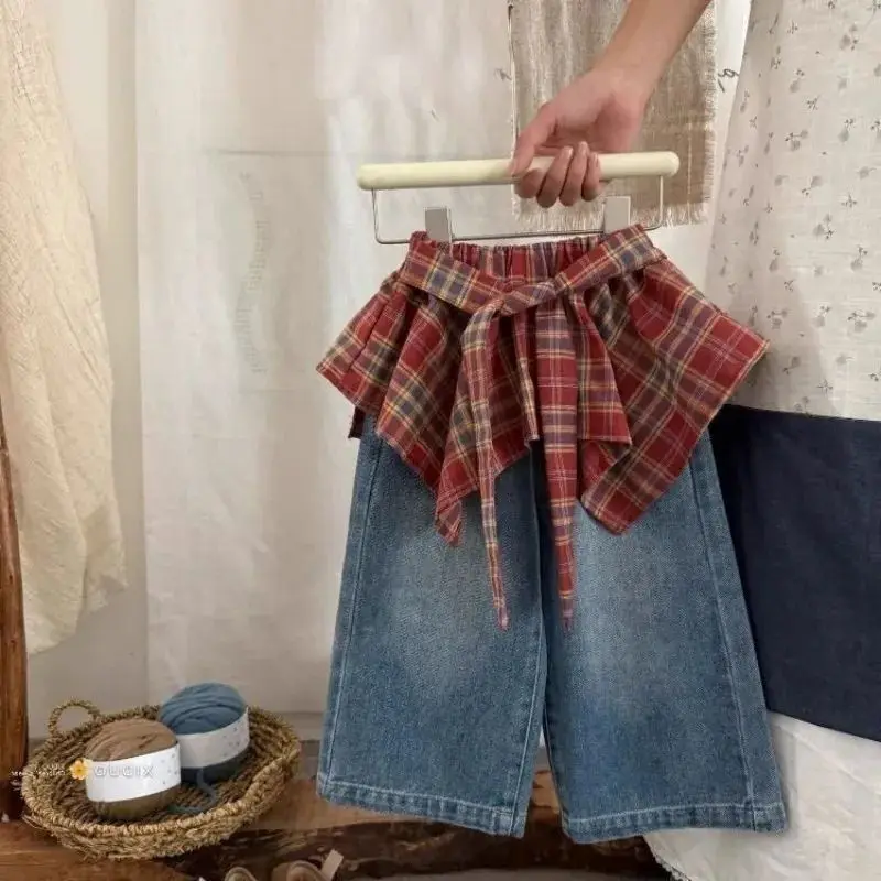 

Girls Western Style Retro Plaid Denim Skirt Pants Spring Autumn children's Lace up Fart Curtain Trousers