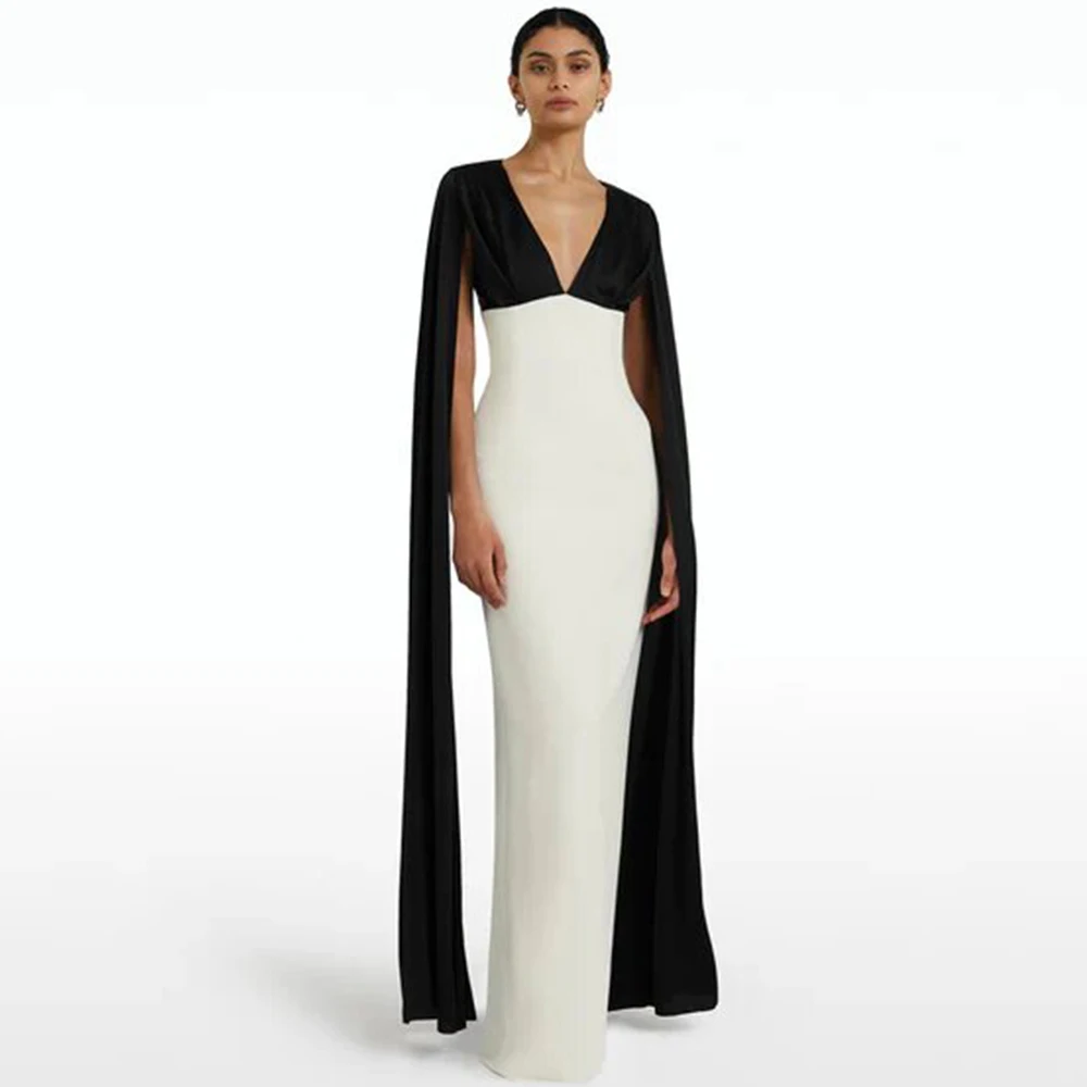 

Modern Wedding Party Dresses Satin&Jersey Sheath/Column Evening Dress Contrast Color Black&White V-neck Cloak Sleeves Prom Gown