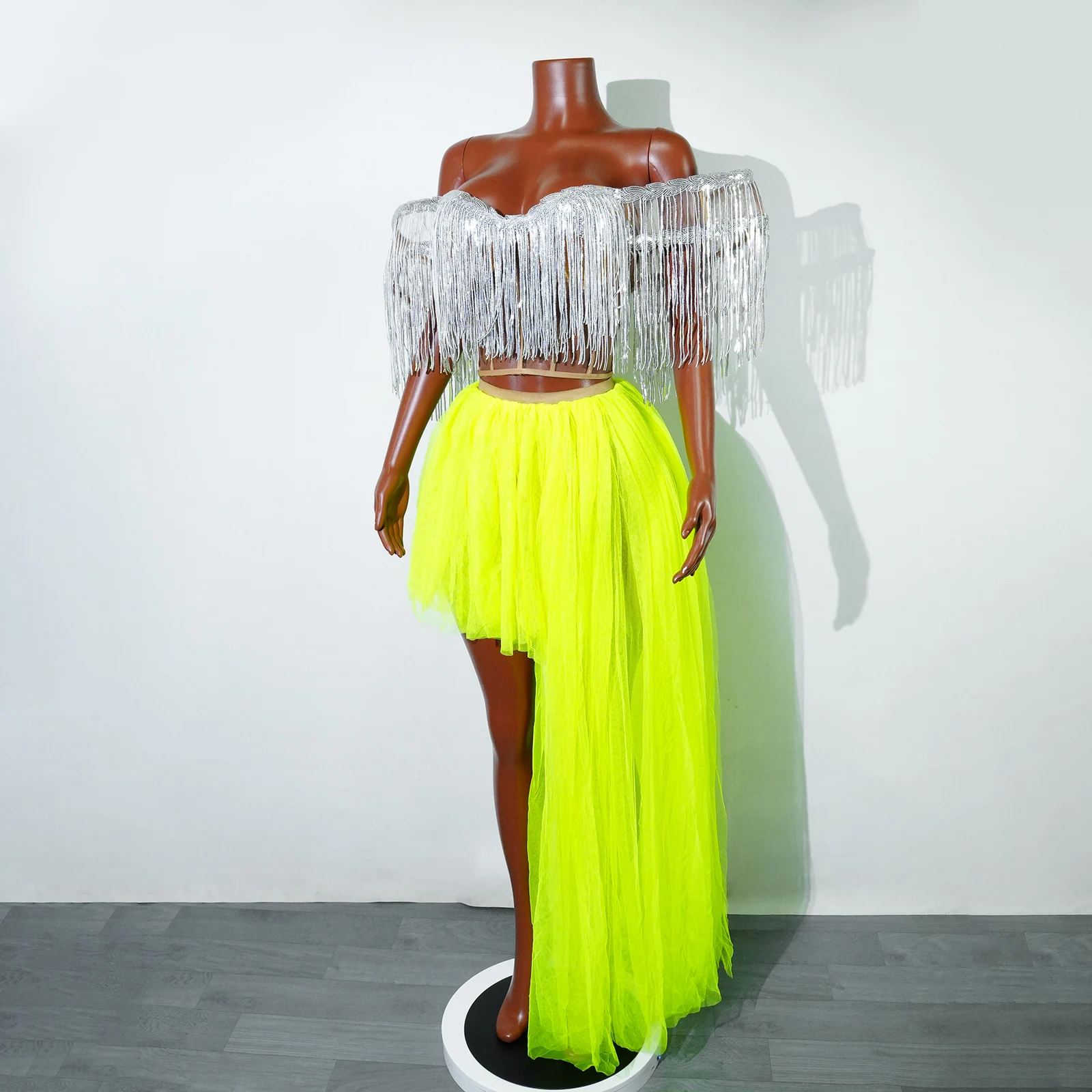 

Two Piece Sequin Deep V Gown Women Cabaret Costume Long Dress & Skirt Set Backless Party Birthday Club Drag Queen Stage