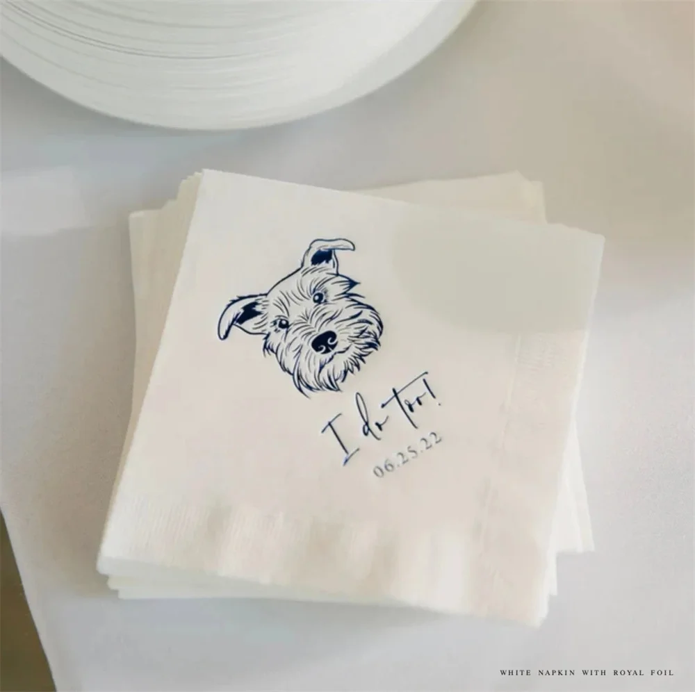 Custom Illustrated Dog Wedding Napkins, Bridal Shower, Engagement Party, Custom Bar Napkins, Custom Pet Wedding Napkins, Dog Nap