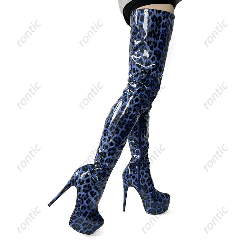 Rontic New Fashion Women Spring Thigh Boots Super Sexy Leopard Waterproof Stiletto Heels Round Toe Night Club Shoes US Size 5-20