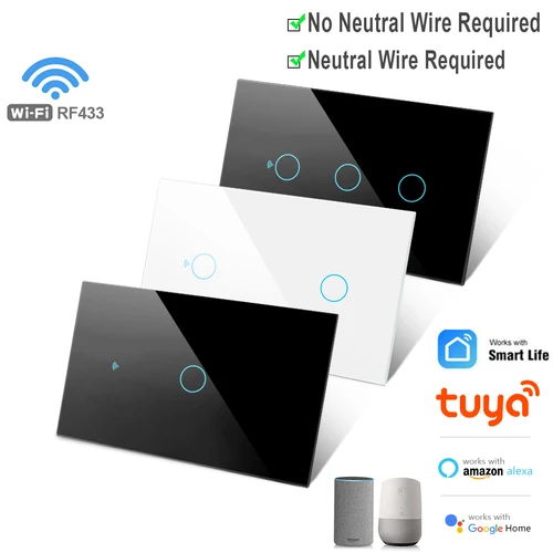 RF433 1/2/3/4 Gang Tuya US WiFi interruptor de pared inteligente sin cable neutro Sensor táctil interruptores de luz LED hogar inteligente Alexa Google Home