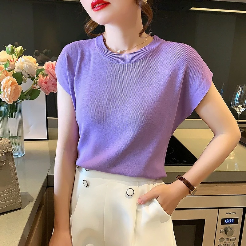 Ice Silk Knitted T-shirt Women Summer Thin Loose Solid Color Short Sleeve Top Tee