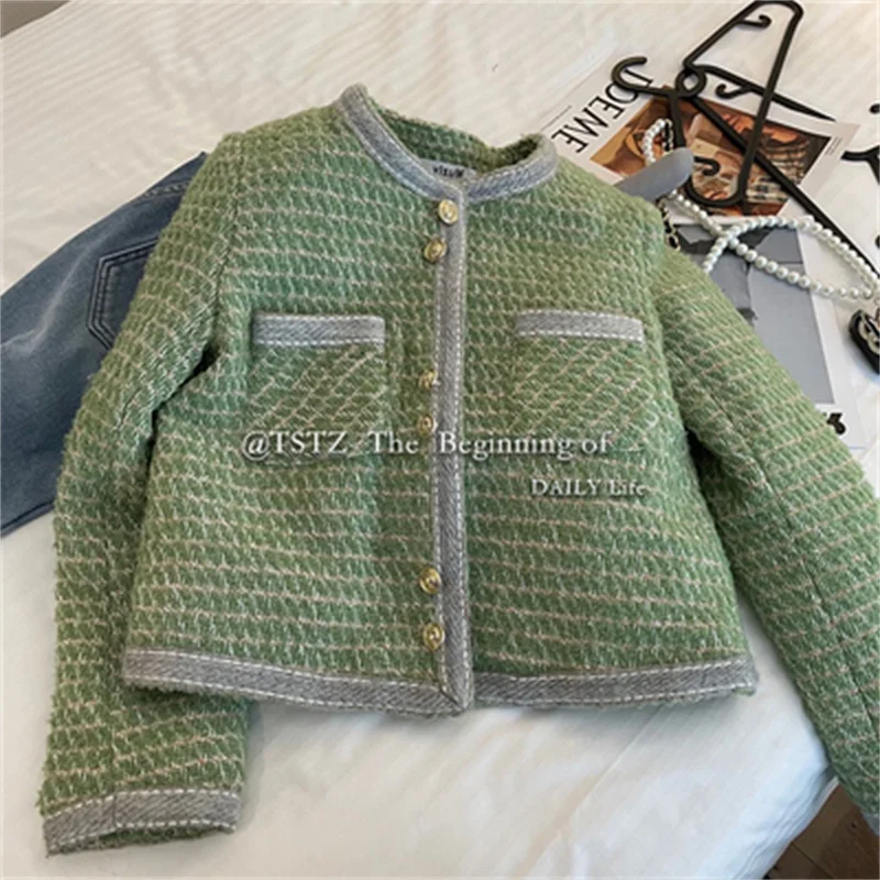 Woollen Short Coat For Women Spring and Autumn 2022 New Commuting Versatile Korean Version Short,Round Neck Top in Solid Color X
