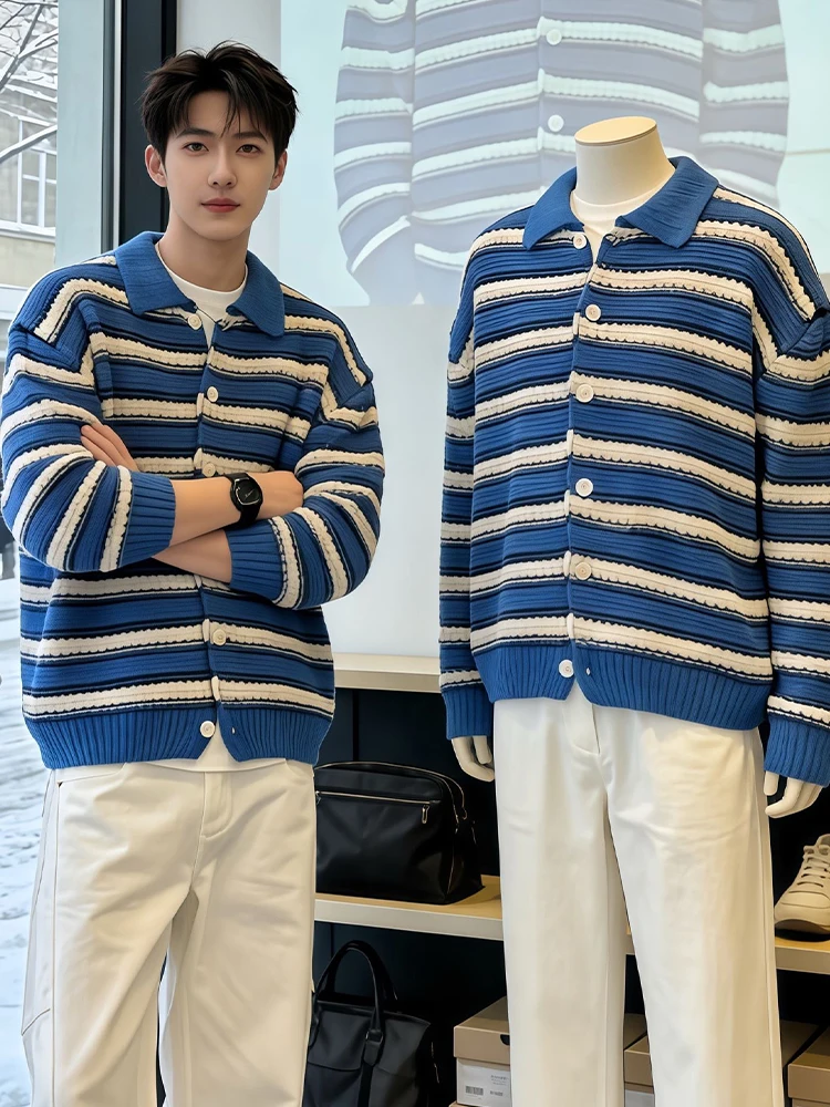 

Мужской вязаный кардиган с контрастными полосами в американском стиле, с отложным воротником, весенний, премиум-класса, Cleanfit Jaet