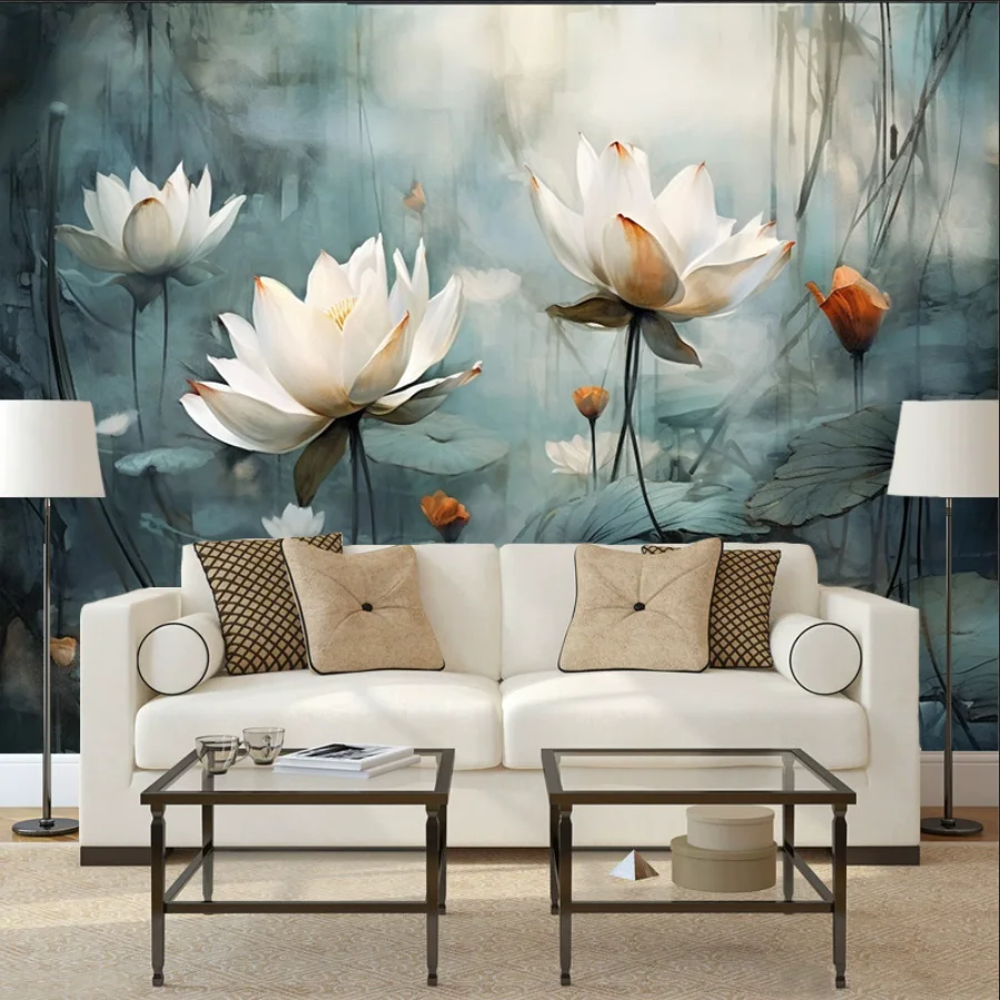 Customized size mural hand-painted oil painting effect lotus wallpaper home decoration flowers lotus leaf sofa background mural