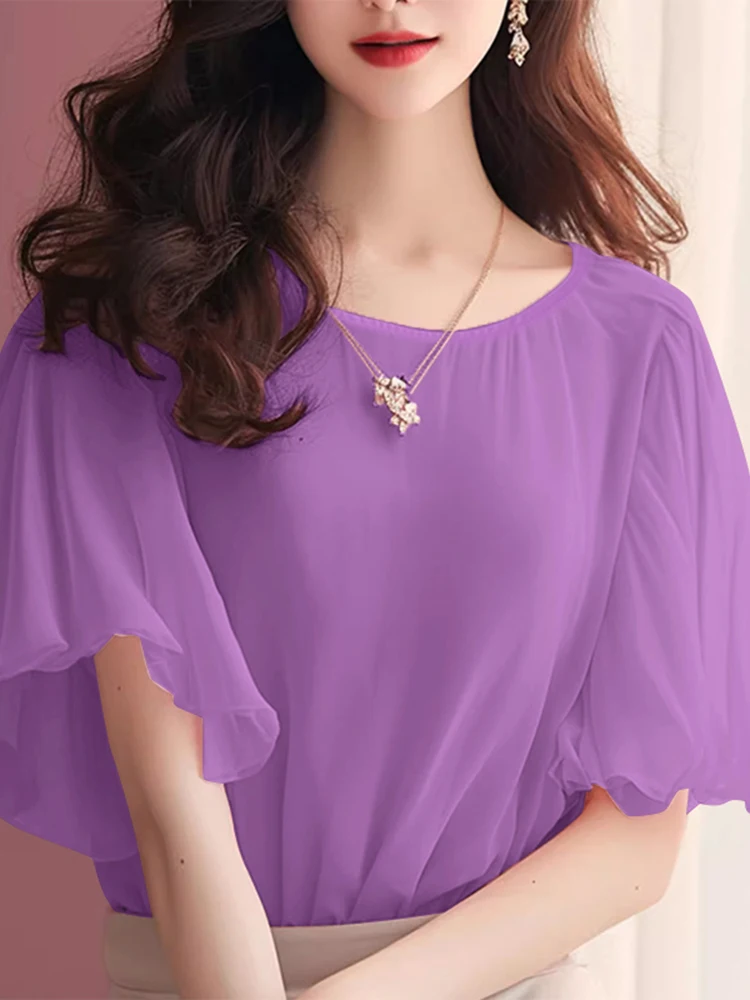 

ZANZEA Elegant Office Women Blouses 2025 Summer Shirt Fashion Short Ruffled Sleeve Work Tops Solid Holiday Party Blusas Oversize