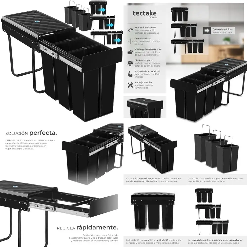 TecTake ® Abnehmbarer Mülleimer, dreifach, 30 l, Küchenmülleimer mit Teleskopführungen, 3 separate Recyclingbehälter, Küchenmülleimer Bi