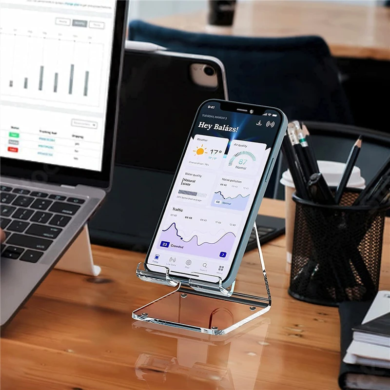 Przezroczyste akrylowe akcesoria do telefonów komórkowych przenośne Mini stojak na biurko uchwyt na telefon komórkowy do iPhone 15 Samsung