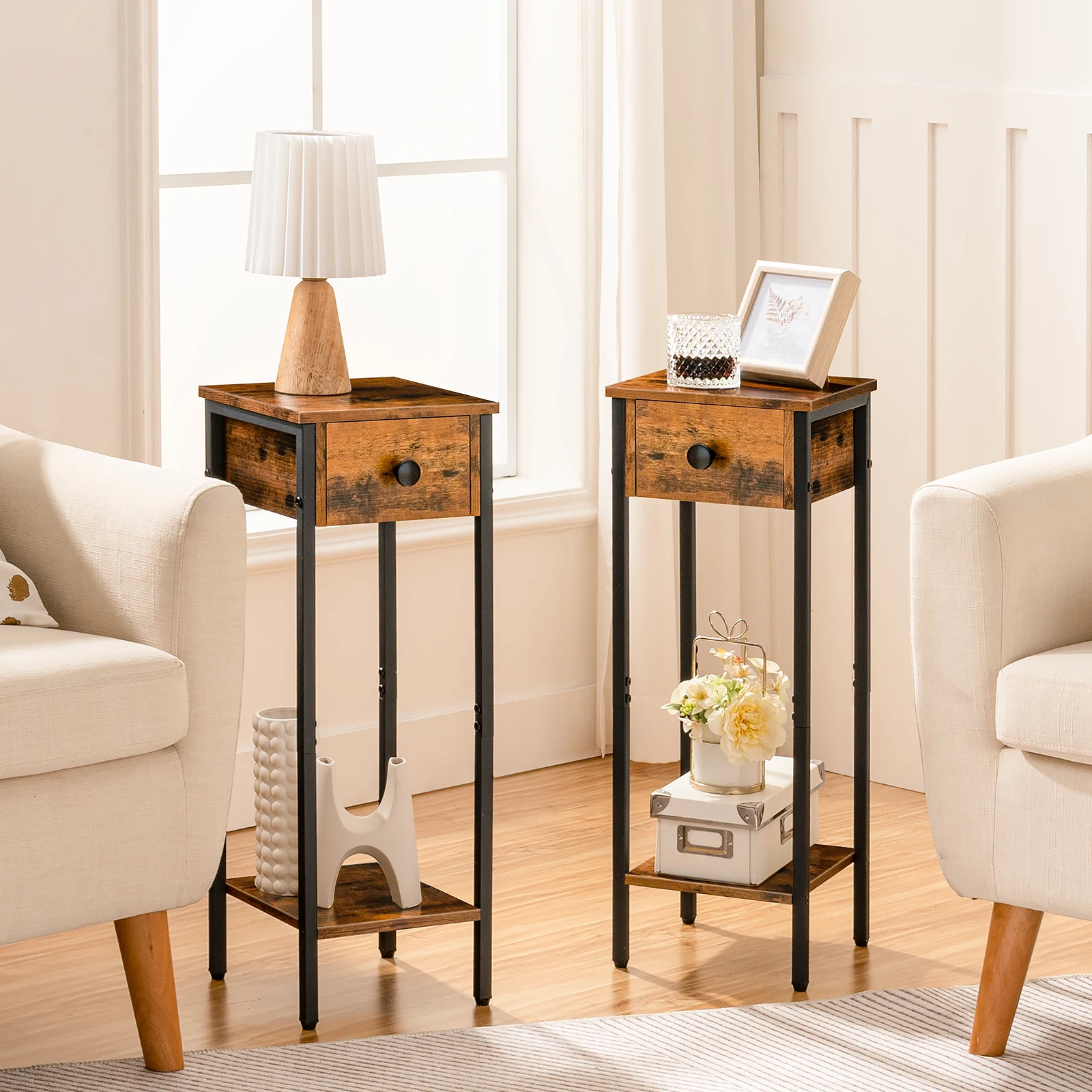 Slim Bedside Table, Set of 2, Tall Bedside Table with Drawer, Metal Frame, Small Side Table, Telephone Table for Small Spaces, N