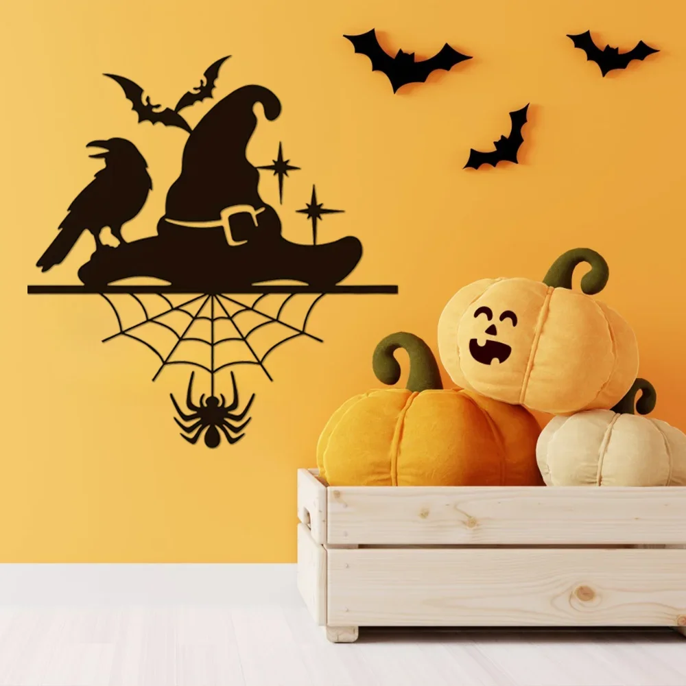 CIFBUY Wrought Iron Witch Hat Wall Decor Spider Web Bat Crow Sign Wall Art Day of the Dead Indoor Outdoor Metal Wall Hanging Orn - view 3