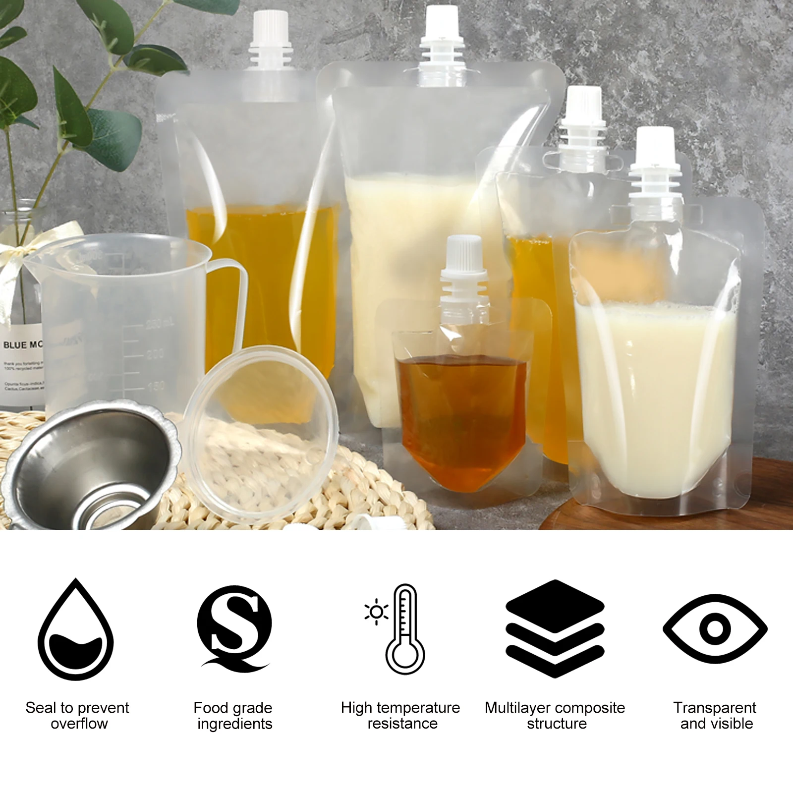 

50pcs Drinking Flasks Reusable Washable Plastic Food Grade Healthy Safe Travel Drinks Nozzle Sealed Packaging Bag Foldable