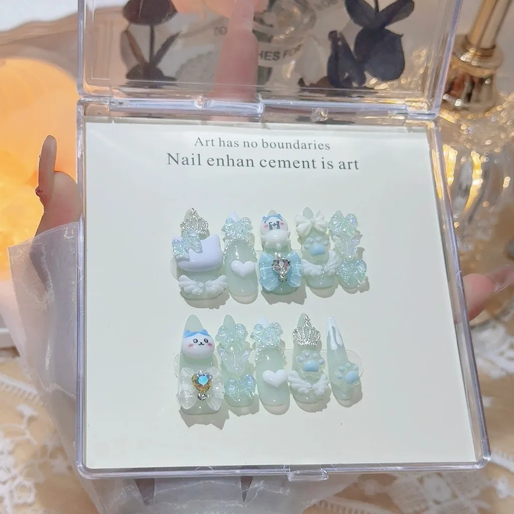 10枚入り Y2K風 可愛い和風ジライ系 手作りプレスオンネイル ギャルアニメ風 偽爪 ヤミカワイイ 3Dリボン キャットクロー ピンクネイルアート