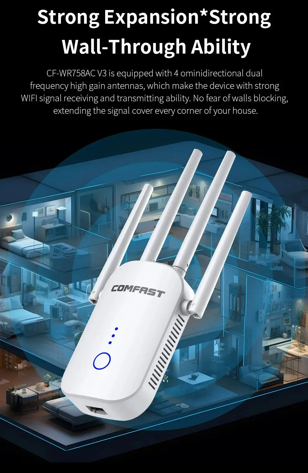 Imagem -03 - Comfast-amplificador Repetidor Wifi Extensor de Alcance sem Fio 1200mbps 4x3 4x4 Antena wi fi Router Booster Cf-wr758acv3