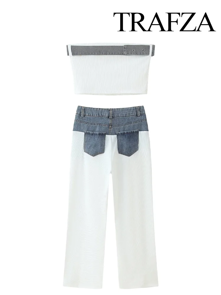 

TRAFZA Women Summer Fashion Denim Backless Spliced Tube Short Slim Sleeveless Top+High Street Casual Zipper Pockets Pants Suit
