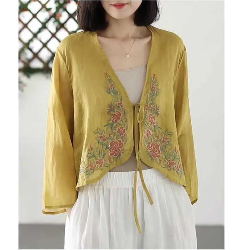 Blusa de linho de algodão estilo étnico para mulheres, camisas hanfu vintage chinesas, tops bordados florais, camisa cardigan manga de pulseira 3/4