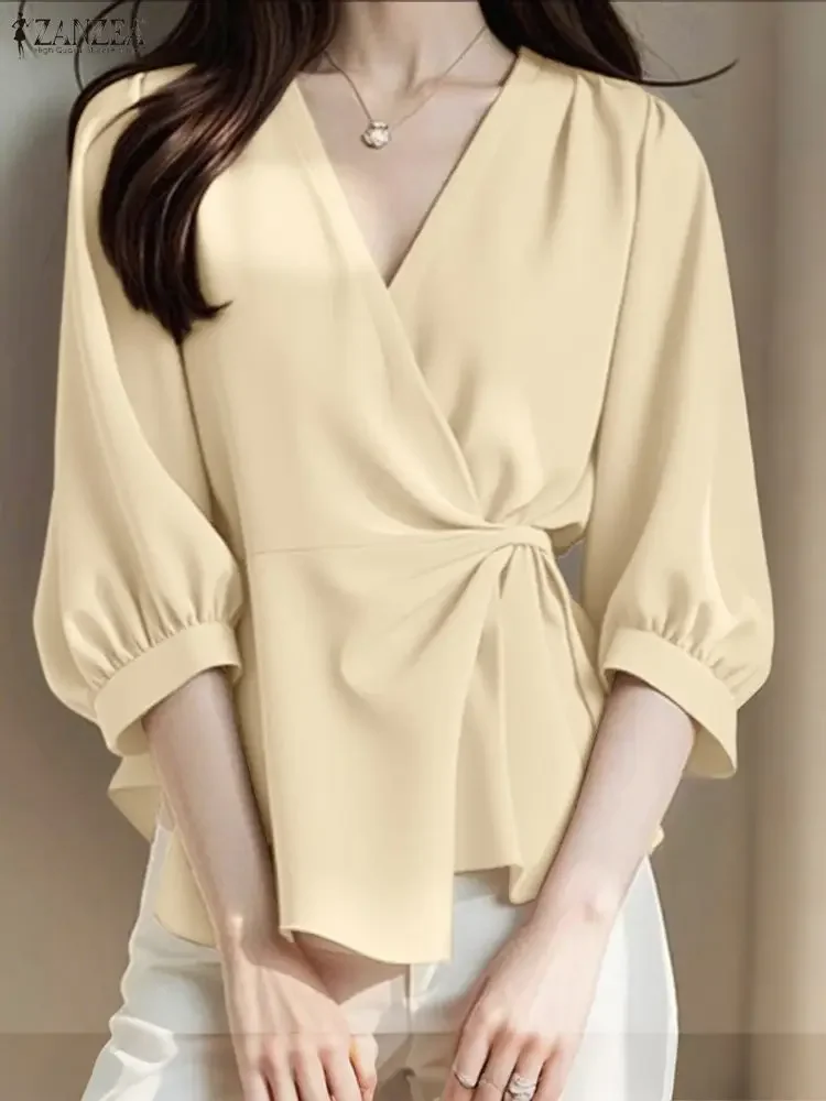 

ZANZEA, осенние топы с v-образным вырезом, женский кардиган, модные рубашки на шнуровке для офисной работы 2025 года, элегантная туника с рукавами 3/4, повседневные свободные пуловеры