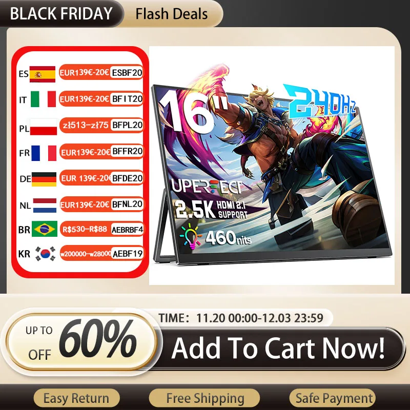 

UPERFECT 16 "2K 240 Гц портативный игровой монитор 2560x1600 QHD дисплей 100% DCI-P3 400 нит внешний второй экран для ноутбука телефона