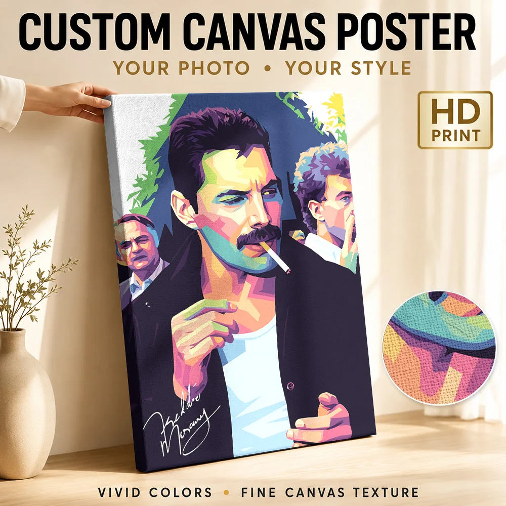 Freddie Mercury Pop Art Portrait Framed Canvas Poster Personalized Retro Music Wall Paintings Decoration for Bar Ready to Hang