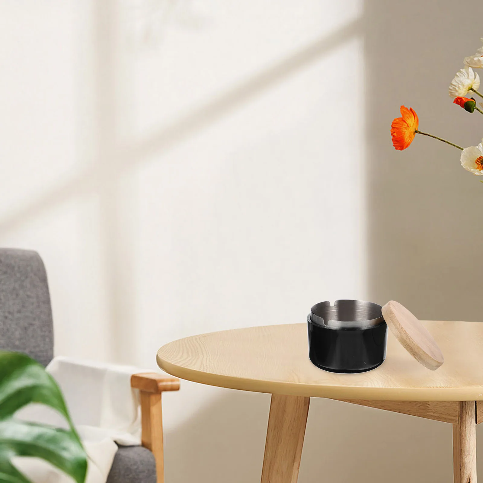

Bamboo Lid Steel Large Ashtray For Home Capacity Home Office Ash Household Ashtray Holder Tabletop Household Container