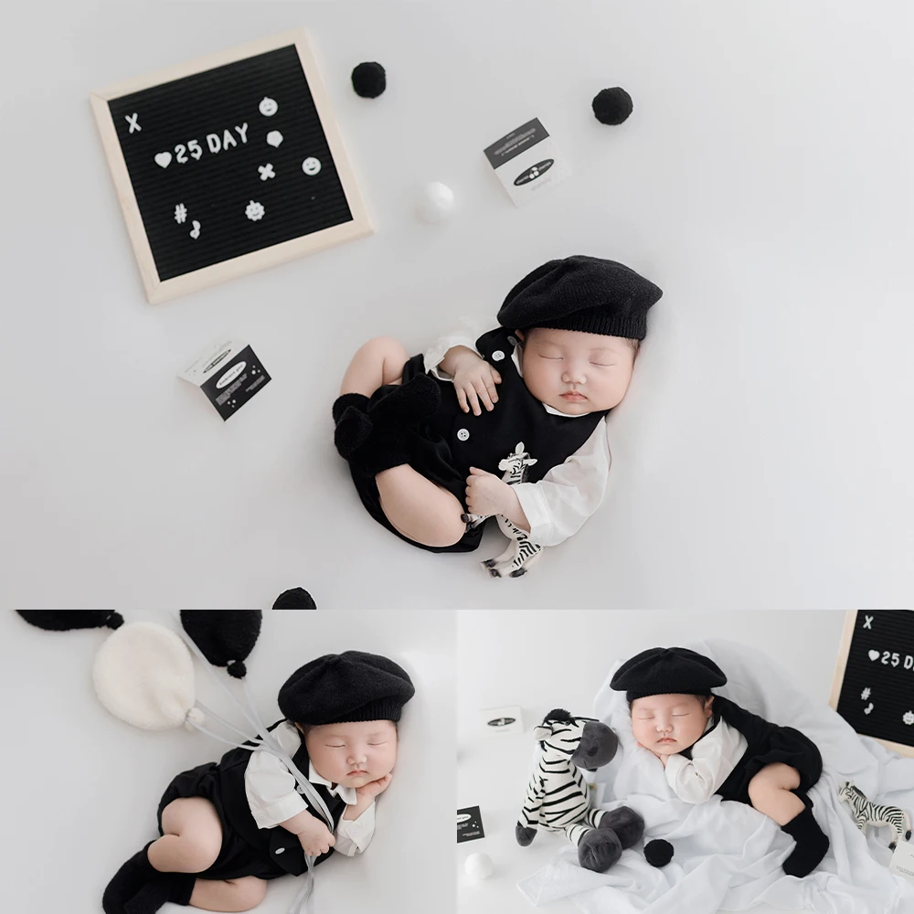 Lovely Newborn Photography Props Baby Costume Knitted Beret+Shirt+Suspenders Jumpsuit+Socks Set Balloon Zebra Dolls Photo Props