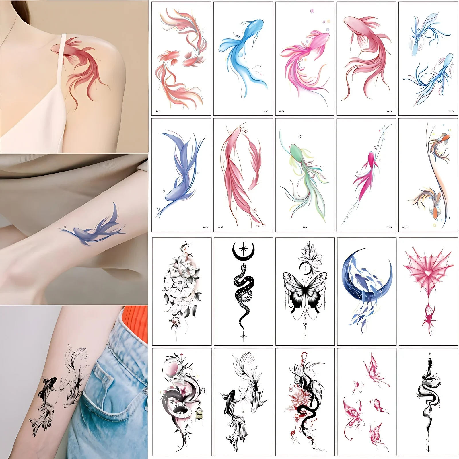 20pcs/lot Watercolour Fish Tattoo Sticker Women Men Decor Shoulder Navel Hand Black Snake Butterfly Temporary Tattoo Adhesive