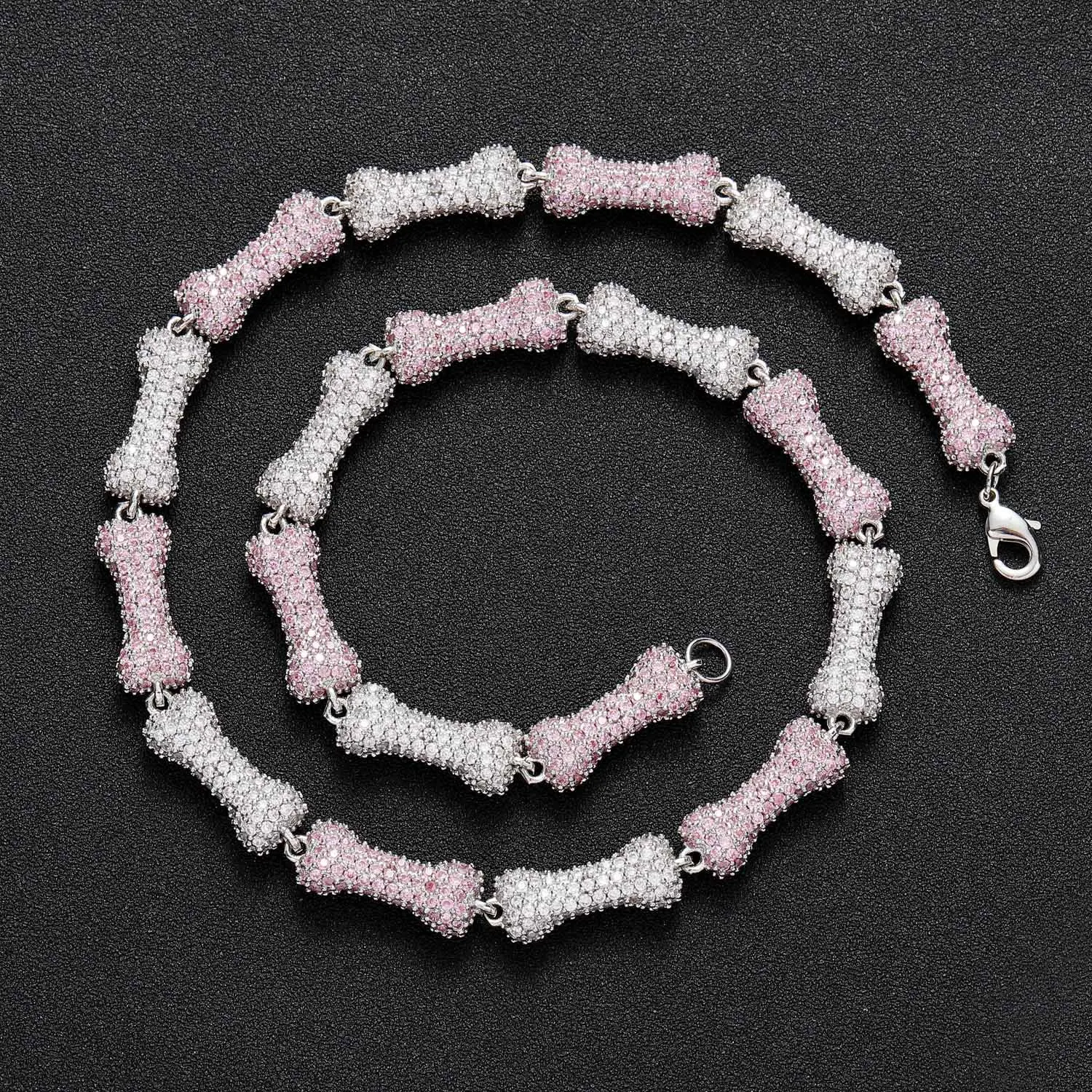 

Bone Necklace 10mm Full Zircon Pink Necklace Personalized Men's and Women's Hip Hop Necklace