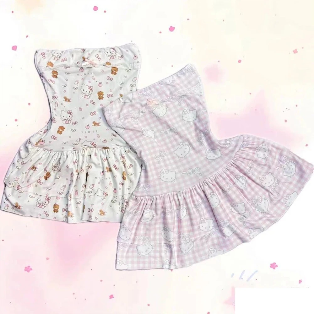 Kawaii Grils Stampa Abito Cartoon Hello Kitty Carino Sanrios Y2K Sottocultura Slim-Fit Torta Gonna Abiti sexy senza spalline da donna