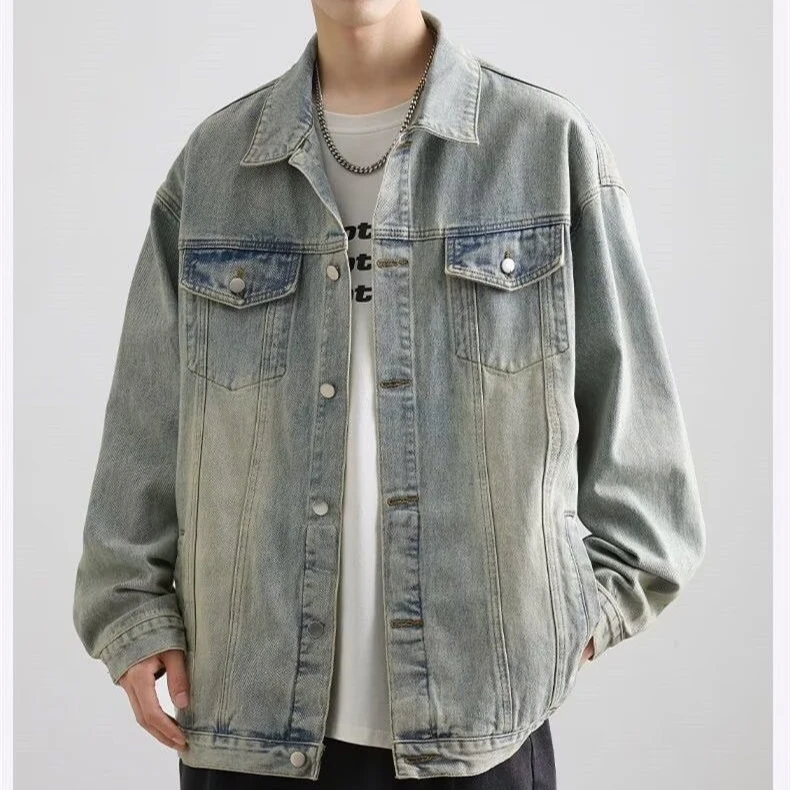 

Retro American Waed adient Denim Jaet Men's Loose Large Size Casual Workwear Jaet Trendy Autumn Outerwear