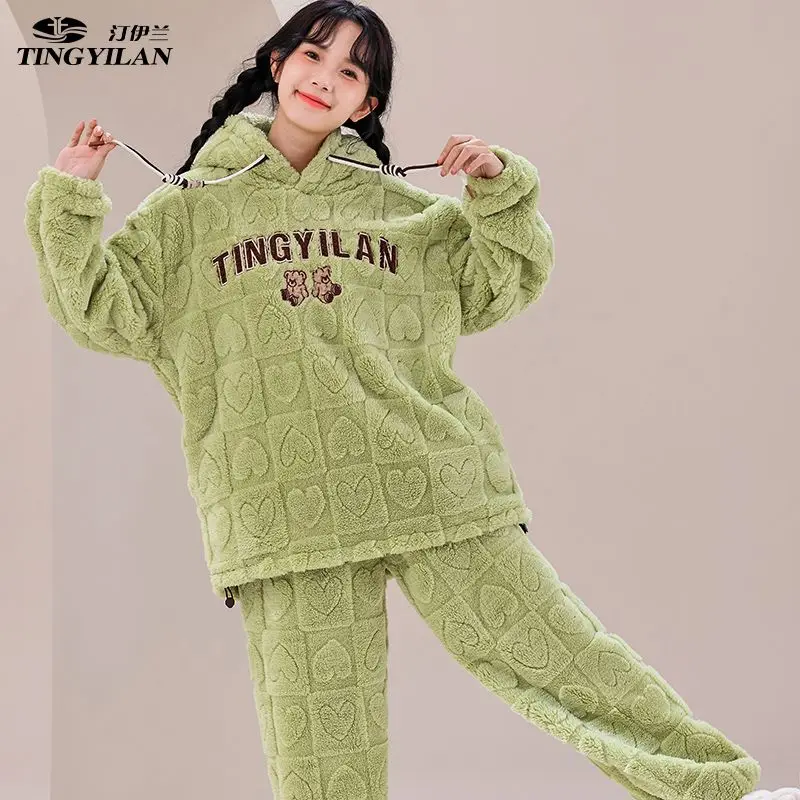 

Пижамный комплект с героями мультфильмов, кавайная зимняя пижама для девочек, милая ночная рубашка на флисовой подкладке, утепленная модная ночная рубашка с капюшоном, милая домашняя одежда