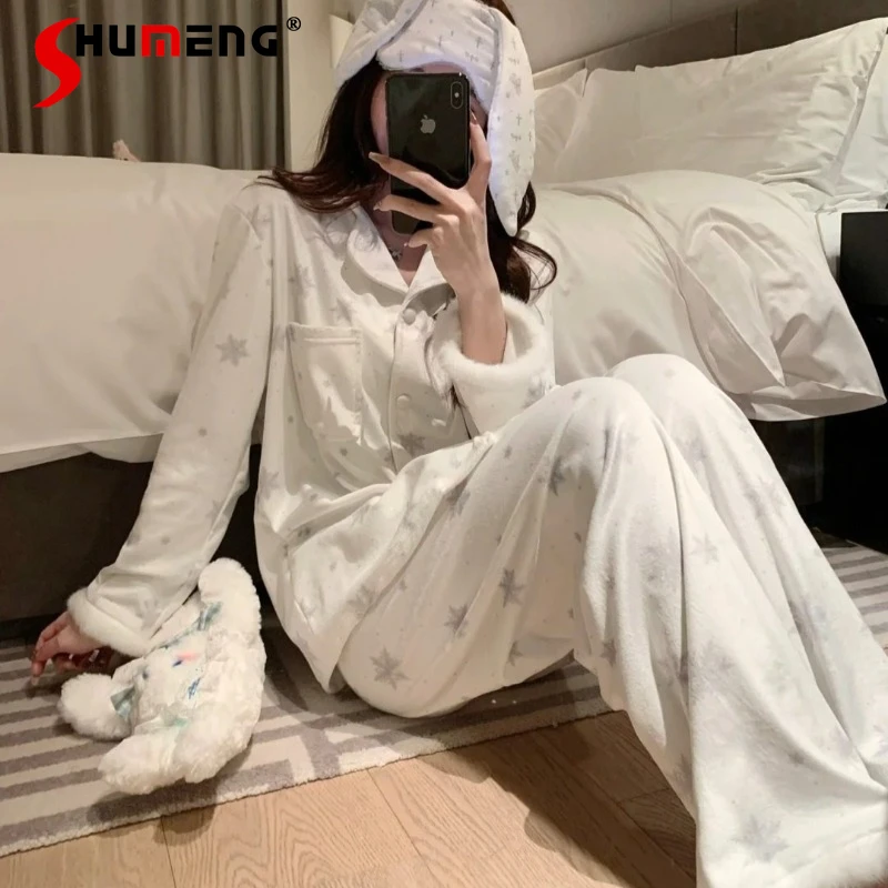 

Autumn Winter Velvet Pajamas for Women Snowflake Print High End Beautiful Homewear Female Japanese Style Sweet Warm Set