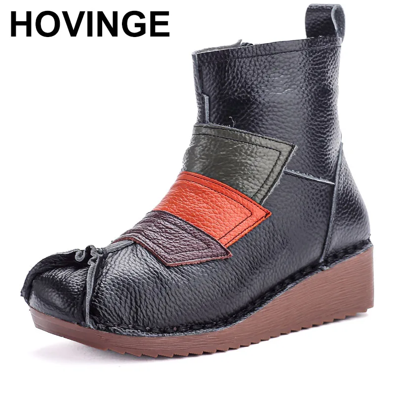 

Winter New Ethnic Style Mixed Colors Genuine Leather Wedges Short Boots Warm Comfortable Women's Cotton Shoes