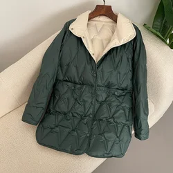 Down Jacket Women Autumn Winter Mid-Length Light White Duck Down Coats 2024 Stand Collar Reversible Puffer Jacket Loose Casual